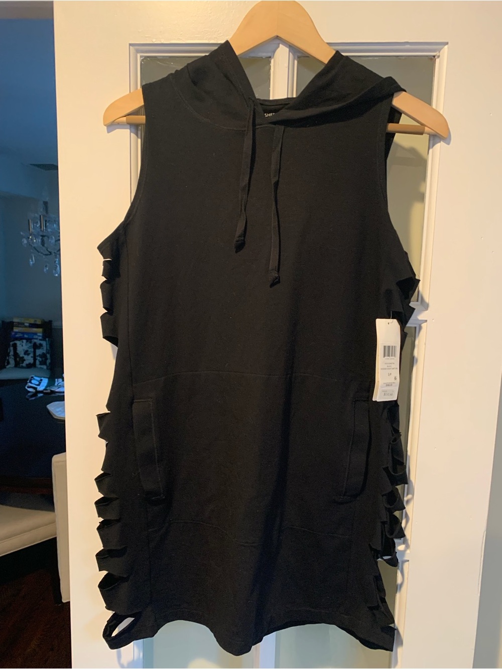 Eileen Fisher Black Sleeveless Hooded Tunic with Side Ruffle